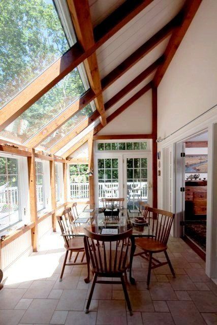 Post & Beam Breakfast/Dining Room by Yankee Barn Homes Dining Room With Doors To Outside, Solarium Dining Room, Dining Room Addition Off Kitchen, Sunroom Dining Room Off Kitchen, Conservatory Dining Room Ideas, Post And Beam Barn Homes, Dining Room Extension, Lean To Conservatory, Yankee Barn Homes