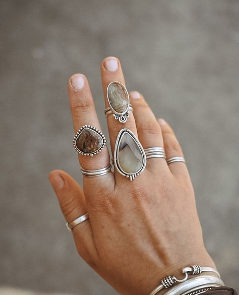 Boho Ring Aesthetic, Boho Rings Aesthetic, Silversmith Aesthetic, Jewelry Mood Board, Silversmithing Jewelry, Silversmith Jewellery, Silver Smithing, Earthy Jewelry, Rings Handmade