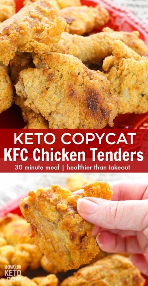 A deliciously crispy (and guilt-free) copycat version of KFC chicken tenders. #keto #chicken #chickenrecipes #lowcarb #glutenfree #dairyfree #ketorecipes #ketodiet Kfc Chicken Strips Recipe, Kfc Chicken Tenders, Keto Kfc, Low Carb Fried Chicken, Kfc Style Chicken, Keto Restaurant, Kfc Chicken Recipe, Keto Fried Chicken, Chicken Keto