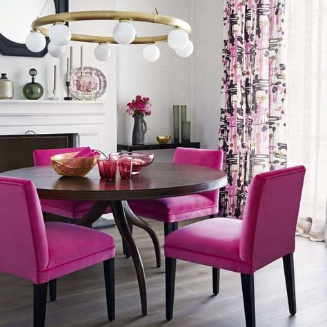 9+ Fancy Dining Room Color Schemes Fuchsia Gallery -  -  Check more at https://color-combination.com/9-fancy-dining-room-color-schemes-fuchsia-gallery/ Colorful Dining Room Decor, Purple Dining Room, Game Room Chairs, Purple Dining Chairs, Pink Dining Rooms, Dining Room Colour Schemes, Pink Chairs, Colored Dining Chairs, Dining Room Decor Modern