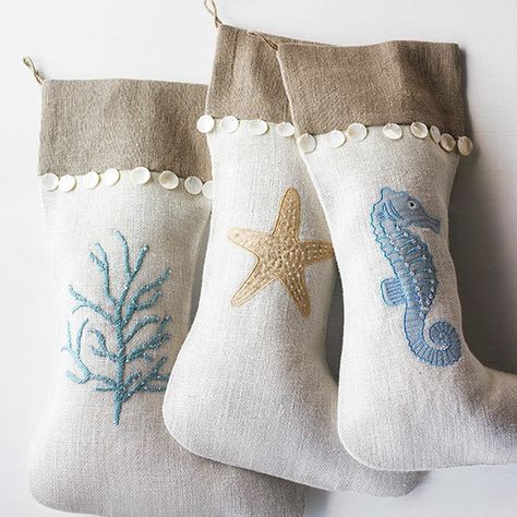 Christmas Card Book, Christmas Decorations Ideas, Beach Christmas Decorations, Coastal Christmas Decor, Coastal Holiday, Beachy Christmas, Christmas Stockings Diy, Christmas Stocking Pattern, Beach Christmas