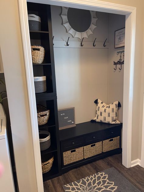 Open Closet Front Entry, Entryway Closet Into Mudroom, Entryway From Garage To House, Open Closet Ideas Entryway, Entryway Ideas Closet, Front Closet Ideas, Utility Closet Ideas, Front Hall Closet Organization, Closet Drop Zone