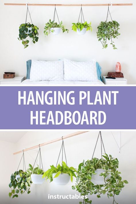 Brighten up your bedroom with a hanging plant headboard. #home #decor #houseplants #plants #flowers #pothos #philodendron #vines Vines Above Bed, Plant Headboard, Bedroom Headboard Ideas, Hanging Headboard, Headboard Diy, Jacuzzi Hot Tub, Headboard Ideas, Scandinavian Bedroom, Futon Bed