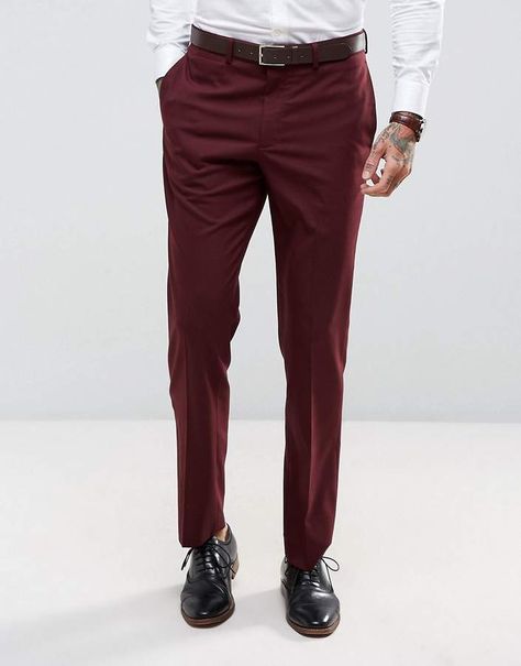 ASOS Slim Suit Pants In Burgundy Burgundy Pants Men, Burgundy Pants Outfit, Slim Fit Dress Pants Men, Red Pants Men, Mens Stretch Pants, Slim Suit Pants, Dress Pants Mens, Slim Pants Men, Slim Fit Suit Pants