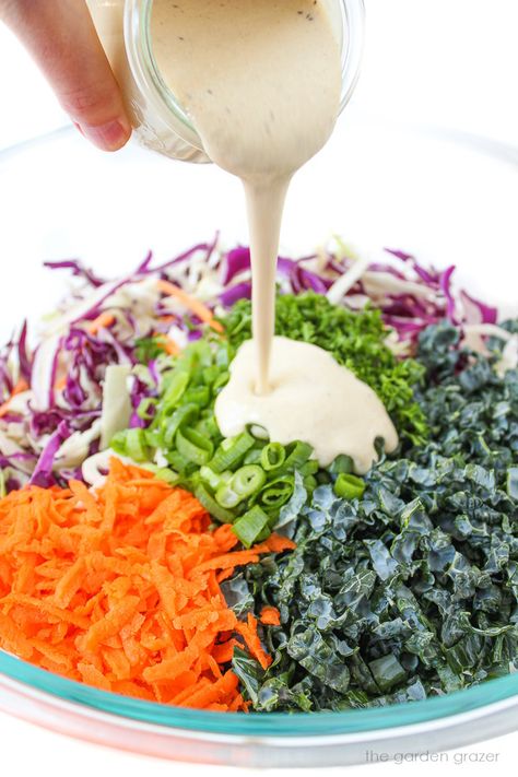 Kale Slaw with Creamy Dressing (Vegan!) Coleslaw Dressing Healthy, Kale Slaw Recipe, Oil Free Dressing, Homemade Coleslaw Dressing, Creamy Coleslaw Dressing, Garden Grazer, Kale Slaw, Picnic Side Dishes, Dressing Healthy