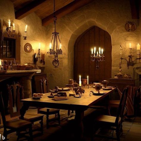 Fantasy Dining Room Concept Art, Medieval Dining Table, Medieval Room Aesthetic, Fantasy Dining Room, Medieval Dining Room, Medieval Interior Design, Castle Interior Medieval, Barbie Hotel, Taverna Medieval