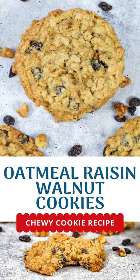 Oatmeal Raisin Walnut Cookies, Raisin Walnut Cookies, Best Oatmeal Raisin Cookies, Walnut Cookie Recipes, Cookie Recipes Oatmeal Raisin, Cookie Recipes Chewy, Oatmeal Raisin Cookies Chewy, Cookie Cookbook, Banana Dessert Recipes