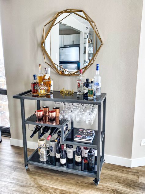 Bar Cart And Mirror, Bar Cart In Basement, Black Bar Cart Decor Ideas, Basement Bar Cart Ideas, Small Bar For Apartment, Bar Cart Man Cave, Mirror Above Bar Cart, Bar Cart Mirror, Bar Cart With Mirror Above