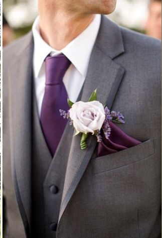 Grooms attire in plum and charcoal grey Suits Men Purple, Grey Fall Wedding, Groomsmen Attire Grey, Gray Wedding Colors, Fall Wedding Color Schemes, Plum Wedding, Groom Wedding Attire, Purple Wedding Theme, Wedding Color Inspiration