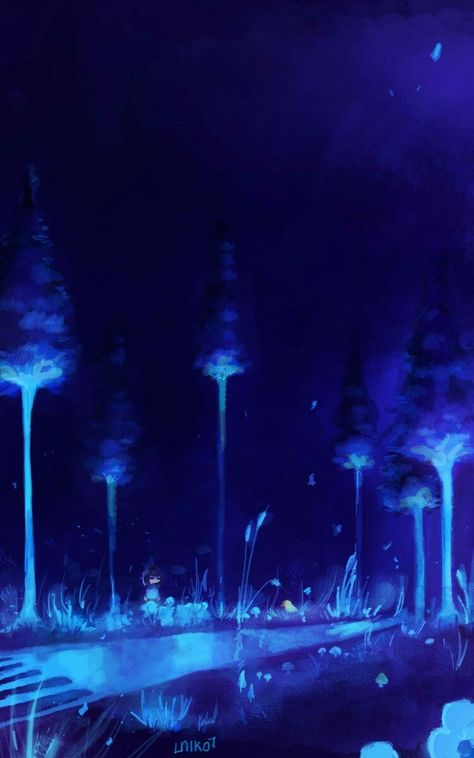 Undertale Scenery Art, Undertale Waterfall, Glowing Nature, Undertale Aesthetic, Undertale Background, Painting In Photoshop, Ut Art, 동화 삽화, Night Scenery