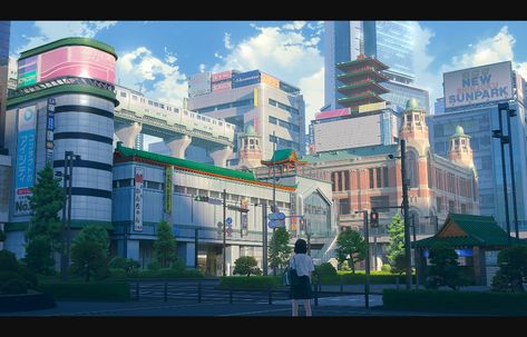 ArtStation - Anime version of Neo Tokyo street, Lihang W Art Deco City, Neo Tokyo, Anime City, Tokyo City, Tokyo Street, Cyberpunk City, Landscape And Urbanism, Anime Version, Building Art