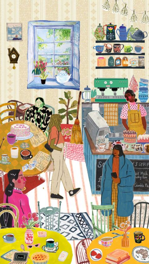 #cafe #girls #coffee #bakery #illustration #resturant #table #art #collage #cartoon #room #building #place #store Collage Cartoon, Bakery Illustration, Workshop Cafe, Cartoon Room, Coffee Bakery, Pink Club, Table Art, Cafe Tables, Art Workshop