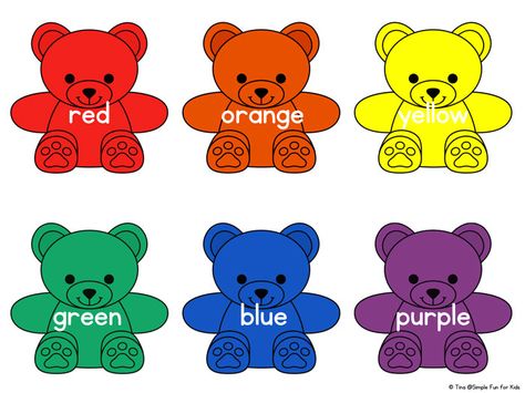 A simple printable mat in rainbow bear colors - perfect for toddlers and preschoolers learning their colors, with or without using actual rainbow bears. Great for color sorting, learning color words, rainbow order, etc. Bear Activities Preschool, Kiddie Academy, Bears Preschool, Counting Bears, Bear Template, Toddler Math, Colors For Toddlers, Sorting Colors, Colors Printable