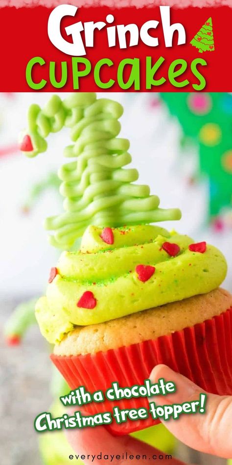 A vanilla cupcake with a thick buttercream and a chocolate Christmas tree topper with Pinterest overlay. Winter Holiday Desserts, Peppermint Buttercream Frosting, Grinch Cupcakes, Whoville Tree, Flavored Frosting, Homemade Vanilla Cupcakes, Peppermint Buttercream, Festive Holiday Desserts, Cupcakes Homemade