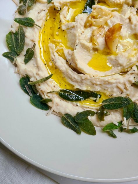 White Bean Hummus with Roasted Garlic and Crispy Sage White Bean Hummus Recipe, White Bean Hummus, Hummus Recipe, White Beans, Roasted Garlic, Tahini, Easy Vegan, Hummus, Garlic