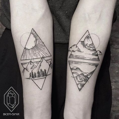 4 Elements Tattoo, Natur Tattoo Arm, Geometric Tattoo Pattern, Mother Nature Tattoos, Nature Tattoo Sleeve, Nature Tattoo, Geometric Nature, Triangle Tattoos, Landscape Tattoo