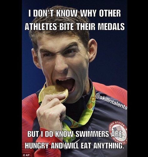 What can I say- So true.  To all my swim team peeps, good luck out there. The competition is always tough.  Me: *Right after a swim meet* GOSH i'm soooooo hungry.  Me (brain): Okay, well have some peanut butter protein bars, and some protein smoot- Me: I WANT REAL FOOD *Eats medal* Me (Brain): Welp, you won't have to go through that again.  Me: Why not?  Me (brain): Cuz you'll be dead from all the chemicals you ate in that medal.  Me: But I'm not hungry anymore, so.... What does it matter? Swimming Quotes Funny, Swimmer Memes, Swimming Jokes, Swimming Funny, Swimming Motivation, Swimming Memes, Swimmer Problems, I Love Swimming, Swimmers Life