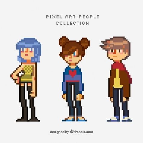 Pixelated teenagers set Free Vector | Free Vector #Freepik #freevector #people #character #cartoon #art Pixel People Art, Pixelated Character Design, Pixel Art Person, 1 Bit Pixel Art Character, Pixel Character Portrait, 16 Bit Characters Pixel Art, Pixel Art Cartoon, Pixel Avatar, Topdown Pixel Art Character