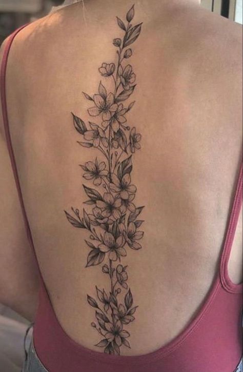 Vertical Tattoo, Back Tattoo Women Spine, Tattoo Ideas Inspiration, Spinal Tattoo, Floral Back Tattoos, Flower Spine Tattoos, Spine Tattoo Ideas, Tato Minimal, Pretty Hand Tattoos