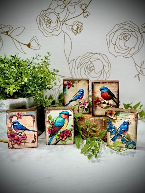 Vintage look bird art,wood sign with easel,whimsical birds, gift for friend, bird lover, stained wood block, bird tiered tray,vibrant floral Painting On Blocks Of Wood, Painted Wood Blocks, Whimsical Birds, Art Shelf, Block Signs, Outdoors Indoors, Summer Florals, Desk Art, Diy Dollar Tree Decor