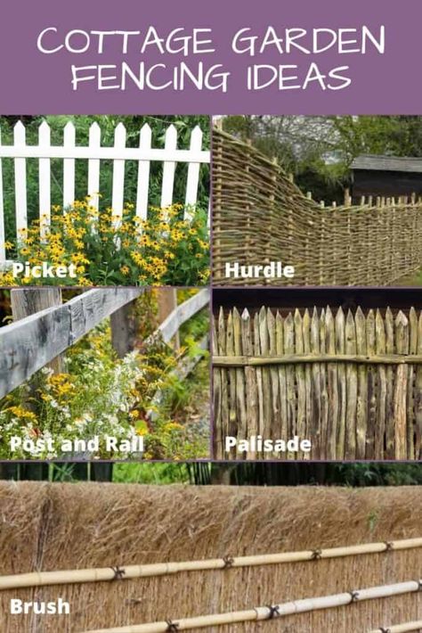 fence ideas for cottage garden style Rustic Picket Fence Ideas, Garden Fences English, English Cottage Garden Fence, Natural Looking Fence Ideas, Cottage Garden Fencing Ideas, Cottage Garden Fences, Garden Border Fence Ideas, Fenced In Flower Garden Ideas, Wooden Garden Fence Ideas