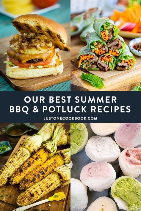 Here are our best BBQ & potluck recipes to kick start your summer! From chicken spring rolls to teriyaki burger to yaki onigiri to mochi ice cream, you will find many popular Japanese and Asian-inspired dishes on the menu. | Easy Japanese Recipes at JustOneCookbook.com #summerrecipes #bbq #japanesebbq Bbq Potluck Ideas, Teriyaki Burger, Fresh Kimchi, Yaki Onigiri, Bbq Potluck, Teriyaki Burgers, Asian Bbq, Mochi Ice, Chicken Spring Rolls