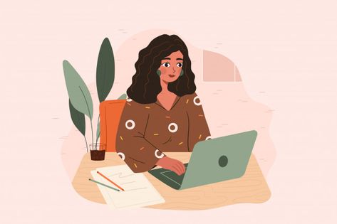 Young vintage woman working at the desk ... | Premium Vector #Freepik #vector Vintage Woman, The Desk, Premium Vector, Blogger, Laptop, Computer, Desk