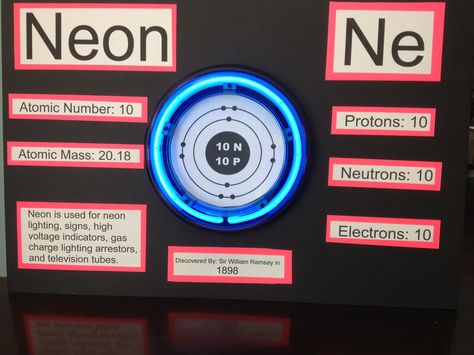 Neon element Neon Atom Model Project, Neon Element Project Ideas, Element Project Ideas, Neon Atom Model, Neon Science, Atom Model Project, Neon Atom, Neon Element, Periodic Table Project