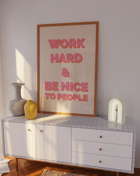 Work Hard & Be Nice To People, Large Wall Art, Inspirational Quotes, Pink Wall Art, Preppy Trendy, Office Decor, Poster Art PRODUCT DETAILS ► Frames shown in images are for example purposes only and are not included. ► The colors of the final print may vary slightly to the color you see on the screen due to the configuration of your computer. ► All of our designs are printed using a highly professional set up, with high-grade inks and high-density 250 GSM paper. ► Crisp, exhibition-quality artwo Office Decor At School, Work Art Office, Trendy Office Wall Decor, Neutral Work Office Decor, Pink Office Wall Decor, Wall Art Above Desk Home Office, Fun Office Wall Art, Office Decor Pink And Gold, In Person Office Decor