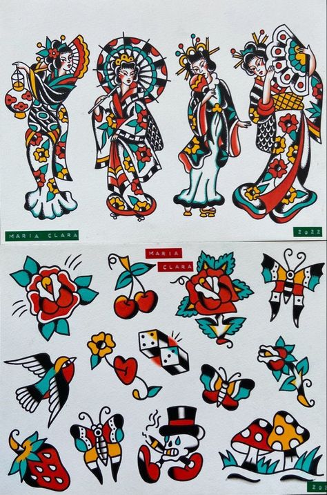 Traditional Bangers Tattoo, Trad Tattoo Flash Sheet, Old School Tattoo Flash Sheet, American Trad Flash Sheet, Bold Traditional Tattoos, Tiny American Traditional Tattoos, Vintage American Traditional Tattoo Flash, Old School Color Tattoo, Classic American Tattoos