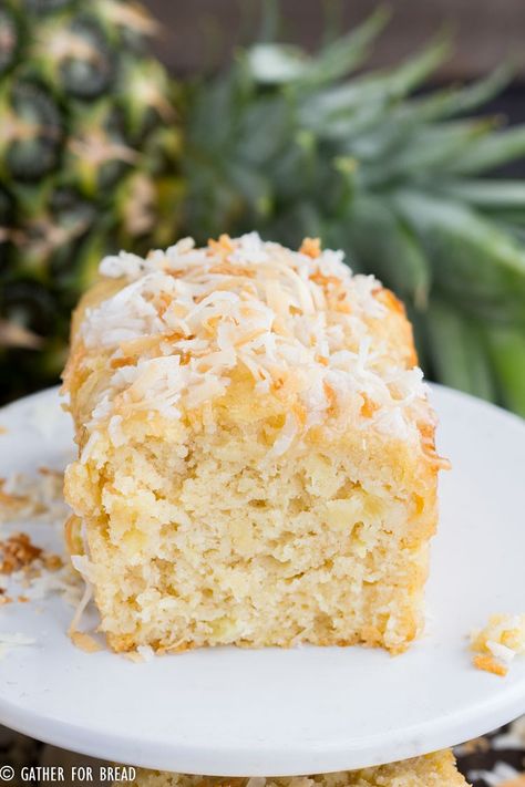 Pina Colada Quick Bread - Moist mini loaves with pineapple, coconut cream for a fresh Hawaiian taste of the tropics in a quick easy batch of bread. Decadent, moist and delicious, you'll be mix and make this often if you love the tropical taste. Coconut Banana Bread, Yogurt Bread, Tropical Desserts, Mini Loaves, Salty Cake, Mini Loaf, Loaf Recipes, Protein Shake Recipes, Pineapple Coconut