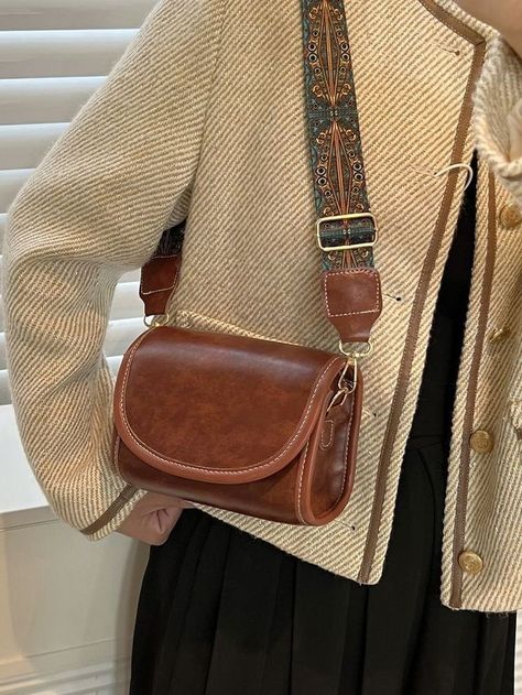 Women Bags 2023, Vintage Leather Purse, Brown Crossbody Bag Outfit, Brown Purse Aesthetic, Aesthetic Bags Handbags, Shein Handbag, Everyday Bags For Women, Vintage Bag Aesthetic, Leather Purses And Bags