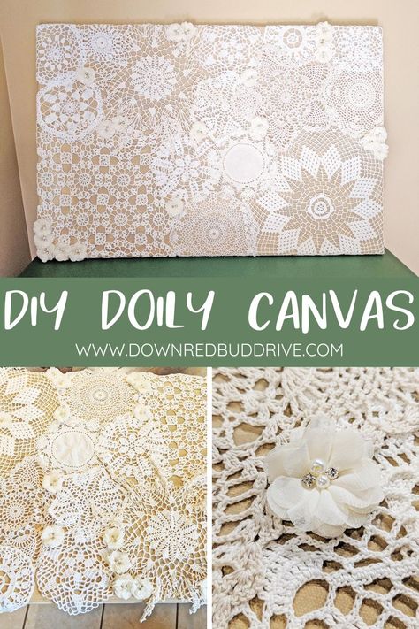 Turn discarded doilies into beautiful DIY Doily Wall Art! This quick project makes a gorgeous statement piece for just about any wall!  Doily Wall Art | Doily Canvas Wall Art | Doily Canvas DIY | DIY Doily Wall Art | Doily DIY | Down Redbud Drive #doilywallart #doilies #doilycanvas #doilyDIY #doilyart Doily Wall Art Diy, Doily Wall Hanging, Doily Diy Ideas, Doileys Repurposed Diy, Display Doilies Ideas, What To Do With Old Doilies, What To Do With Doilies, Displaying Doilies, Doily Art Canvas