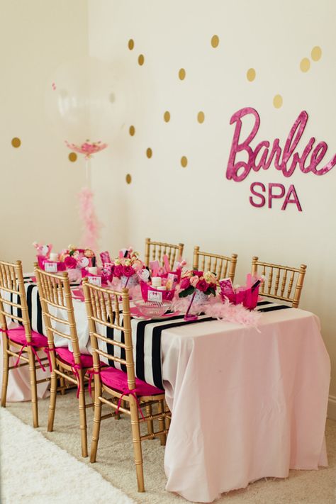 A Glitzy & Glam Barbie Spa Birthday Party // Hostess with the Mostess® Happy Birthday B, Kids Spa Party, Barbie Party Decorations, Barbie Theme Party, Girl Spa Party, Kids Spa, Spa Birthday Parties, Spa Birthday, Barbie Birthday Party