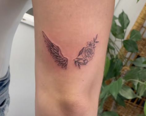 Angel Wings Rose Tattoo, Libra Sign Tattoos, Butterfly Wing Tattoo, Wing Tattoos On Back, Side Hip Tattoos, Floral Thigh Tattoos, Small Rose Tattoo, Remembrance Tattoos, Angel Wings Tattoo