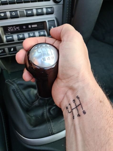 Stick Shift Tattoo Ideas, Matching Mechanic Tattoo, Car Style Tattoo, Manual Transmission Tattoo, Cars Tatoos Ideas, Speed Tattoo Ideas, Car Wheel Tattoo, Cool Car Tattoos, Tattoos For Car Lovers