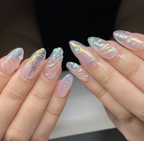 Shimmer Nail Ideas, Water Themed Nails, Water Inspired Nails, Water Nails Design, Siren Nails, Paw Nails, Wave Nails, Multicolored Nails, Fancy Nails Designs