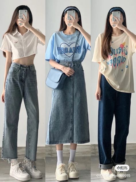 Korean Tshirt Outfit, Mommy Jeans, Korean Tshirt, Fashion Jeans Outfit, Outfit Korean Style, T Shirt Outfit, Korean Outfit Street Styles, Tshirt Outfit, Crop Top With Jeans