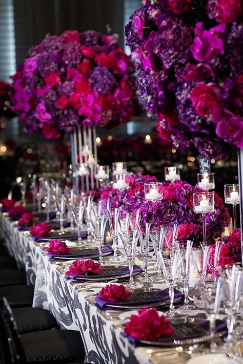 Red And Purple Table Decorations, Purple Red Flower Arrangements, Fuschia And Purple Wedding, Purple Pink Flower Arrangement, Purple Pink Red Flower Arrangement, Purple Flower Arrangements Wedding, Purple And Pink Wedding Decorations, Pink And Purple Floral Arrangements, Red And Purple Wedding Decorations