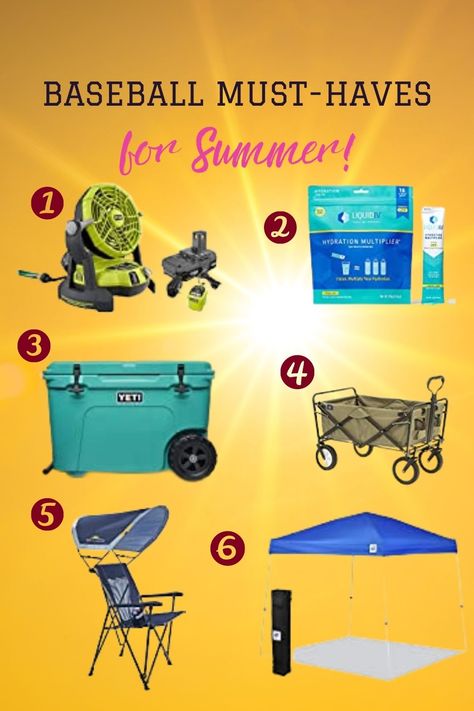 Travel baseball mom tips on the baseball mom and baseball parent gear you need to beat-the-heat during Summer Travel Baseball Season including my favorite baseball mom chair, yeti cooler, and an outdoor fan for the dugout. #travelbaseballmomtips #baseballmomhacks #whattobringtoabaseballgame #teeball #baseballtournamenttips Chairs For Baseball Games, Best Baseball Team Snacks, Travel Baseball Must Haves, Baseball Needs, Baseball Must Haves Mom, Football Mom Hacks, Baseball Mom Must Haves Products, Baseball Mom Necessities, Travel Sports Tips