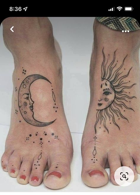 Feet Tattoo Ideas, Tattoo Ideas Foot, Foot Tattoo Designs, Tattoo Foot, Hippie Tattoo, Moon Tattoos, Foot Tattoos For Women, Sun Tattoos, Arm Tattoos For Women