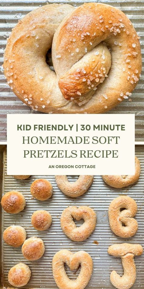 Amazingly easy homemade soft pretzels recipe with no complicated steps and no rising - they are ready in 30 minutes, making them perfect for easy snacks and fun meals. Made from scratch with just a few simple ingredients, these delicious pretzels are a great kitchen activity for the whole family. Give this simple process a try and create some unforgettable memories along with a healthy snack! Easy Homemade Soft Pretzels, Clean Snack Recipes, Quick Pretzel Recipe, Hearty Snacks For Kids, Cooking With Preschoolers Recipes Simple, Easy Salty Snacks Homemade, Easy Recipe For Kids To Make, Healthy Snacks For Kids To Make, Homemade Healthy Desserts