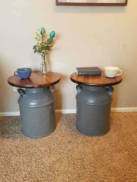 End Table Diy, Milk Can Decor, Painted Milk Cans, Old Milk Cans, Refinish Furniture, Table Diy, Milk Cans, Refurbished Furniture, Western Decor