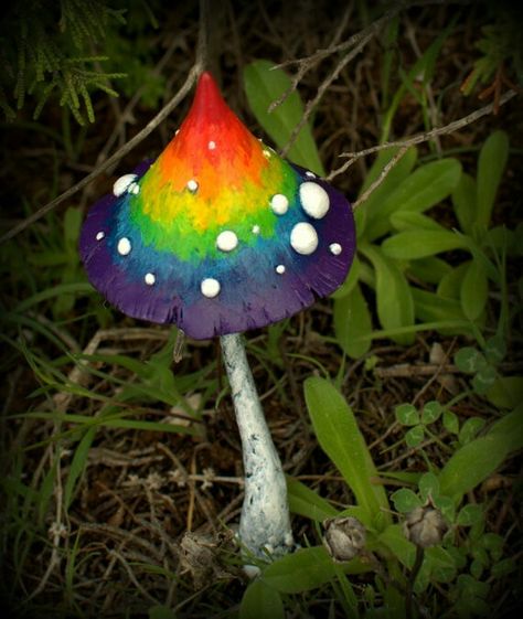 Polymer fairy mushroom Mushroom Polymer Clay, Rainbow Mushroom, Fantasy Mushroom, Magic Rainbow, Fairy Tree Houses, Mushroom Paint, Wine Cork Diy, Mushroom Pictures, Clay Jar