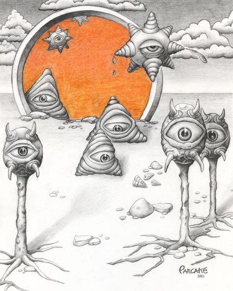 Creatures from the psychedelic portal by Pancake. Portal Drawing, 300 Drawing Prompts, Word Drawings, Graph Paper Drawings, Drawing Prompt, Pencil Crayon, Lowbrow Art, Paper Drawing, Pop Surrealism