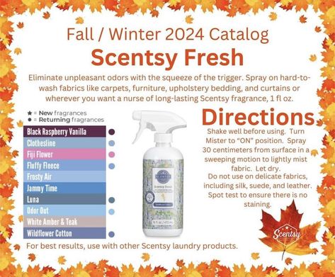 Scentsy Laundry - Scentsy Fresh Fabric Spray: Spritz on hard-to-wash fabrics to eliminate odors and add a burst of Scentsy fragrance. For more information, or to place an order, please scan the QR code or use the hyperlink. When ordering, please use the open/active party from the dropdown. https://mebandgeo.scentsy.us/shop/c/4441/view-all-laundry Questions, please feel free to message us. @highlights @followers #scentsy #scentsylife #scentsyaddict #ScentsyLife #scentsylaundry Scentsy Fresh Fabric Spray 2023, Scentsy Cleaning Products 2023, Scentsy Laundry 2024, Scentsy Cleaning Products 2024, Scentsy Room Spray 2024, Scentsy Flash Sale, All Purpose Cleaner Concentrate Scentsy, Scentsy Flyers, Black Raspberry Vanilla