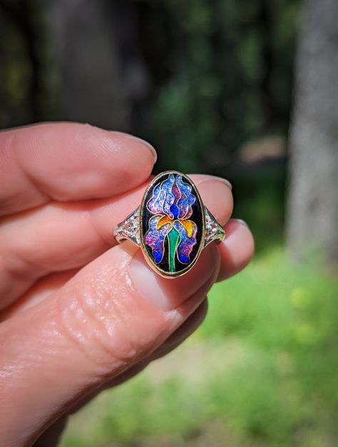 Purple, cloisonné Iris ring and topaz gemstones set in silver and gold Plant Iris Bulbs, Iris Aesthetic, Symbols Of Hope, Iris Bulbs, Iris Ring, Favorite Flower, Dope Jewelry, Girl Jewelry, Funky Jewelry