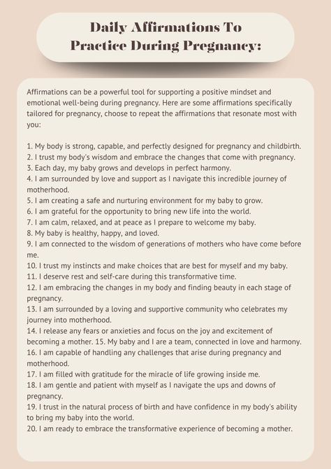 Affirmations can be a powerful tool for supporting a positive mindset and emotional well-being during pregnancy. This sheet offers some affirmations specifically tailored for pregnancy, choose to repeat the affirmations that resonate most with you: 3rd Trimester Affirmations, Healthy Pregnancy Affirmations, Birth Ideas, Holistic Pregnancy, Pregnancy Prayer, Birth Prep, Maternal Mental Health, Pregnant Tips, Getting Pregnant Tips