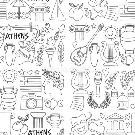 Ancient Greece Vector Elements in Doodle Style for Coloring Pages Travel, History, Music, Food, Wine Stock Vector - Illustration of ancient, column: 89597703 Greece Drawing, Greece Tattoo, Greece Food, Travel History, Europe On A Budget, Vector Elements, Travel Greece, Doodle Style, Road Trip With Kids