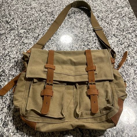 Large canvas and leather messenger bag - forest green and tan Messenger Bag Aesthetic, Green Messenger Bag, Brown Messenger Bag, Vintage Messenger Bag, Bags Aesthetic, Alt Fashion, Leather Messenger Bag, Leather Messenger, Large Canvas